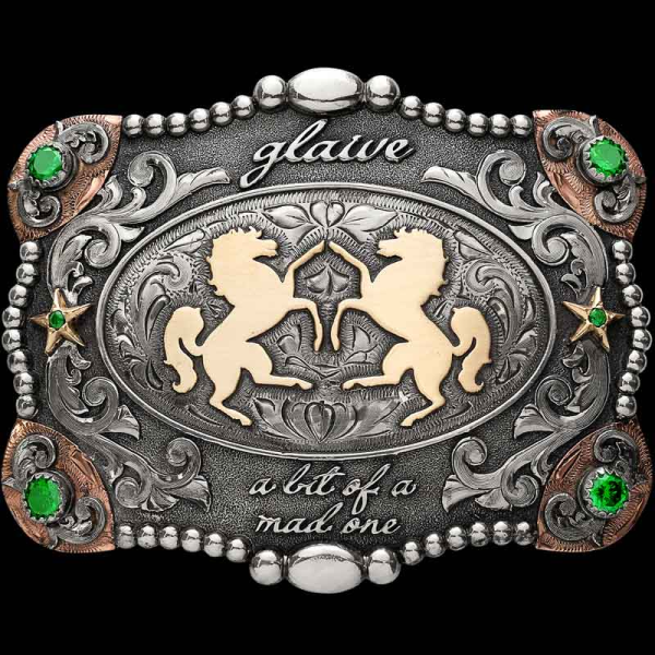 The beautiful Love Valley Belt Buckle displays beautiful western elements on an all a uniquely shaped base. Customize it today!